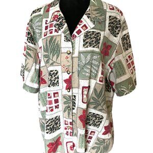 Tapestry Patchwork Print Button-Down Top: 80s Brown Red Leaf Print, Plus Size 24